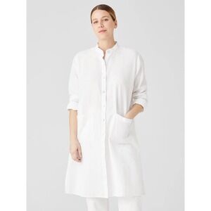 Eileen Fisher Organic Cotton Poplin Tunic Dress Off White Band Collar Womens M